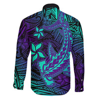 Purple Polynesian Family Matching Long Sleeve Bodycon Dress and Hawaiian Shirt Tribal Hammerhead Shark LT14