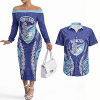 Northland 2026 Rugby Custom Couples Matching Off The Shoulder Long Sleeve Dress and Hawaiian Shirt NZ Maori Silver Fern LT14 Blue - Polynesian Pride