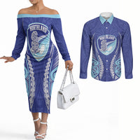 Northland 2026 Rugby Custom Couples Matching Off The Shoulder Long Sleeve Dress and Long Sleeve Button Shirt NZ Maori Silver Fern LT14 Blue - Polynesian Pride