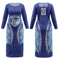 Northland 2026 Rugby Custom Family Matching Long Sleeve Bodycon Dress and Hawaiian Shirt NZ Maori Silver Fern LT14 Mom's Dress Blue - Polynesian Pride