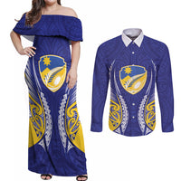 Otago 2026 Rugby Custom Couples Matching Off Shoulder Maxi Dress and Long Sleeve Button Shirt NZ Maori Silver Fern LT14 Blue - Polynesian Pride
