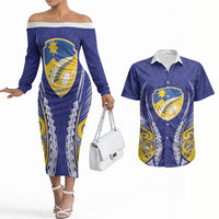 Otago 2026 Rugby Custom Couples Matching Off The Shoulder Long Sleeve Dress and Hawaiian Shirt NZ Maori Silver Fern LT14 Blue - Polynesian Pride