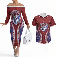 Southland 2026 Rugby Custom Couples Matching Off The Shoulder Long Sleeve Dress and Hawaiian Shirt NZ Maori Silver Fern LT14 Maroon - Polynesian Pride