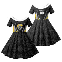 Taranaki 2026 Rugby Custom Family Matching Off Shoulder Maxi Dress and Hawaiian Shirt NZ Maori Silver Fern LT14 Daughter's Dress Black - Polynesian Pride