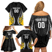 Taranaki 2026 Rugby Custom Family Matching Off Shoulder Short Dress and Hawaiian Shirt NZ Maori Silver Fern LT14 Mom's Dress Black - Polynesian Pride