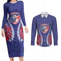 Tasman Bay 2026 Rugby Custom Couples Matching Long Sleeve Bodycon Dress and Long Sleeve Button Shirt NZ Maori Silver Fern LT14 Blue - Polynesian Pride