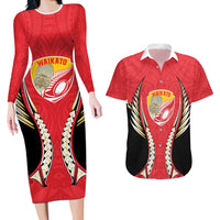 Waikato 2026 Rugby Custom Couples Matching Long Sleeve Bodycon Dress and Hawaiian Shirt NZ Maori Silver Fern LT14 Red - Polynesian Pride