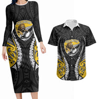 Wellington 2026 Rugby Custom Couples Matching Long Sleeve Bodycon Dress and Hawaiian Shirt NZ Maori Silver Fern LT14 Black - Polynesian Pride