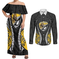 Wellington 2026 Rugby Custom Couples Matching Off Shoulder Maxi Dress and Long Sleeve Button Shirt NZ Maori Silver Fern LT14 Black - Polynesian Pride