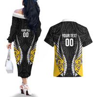 Wellington 2026 Rugby Custom Couples Matching Off The Shoulder Long Sleeve Dress and Hawaiian Shirt NZ Maori Silver Fern LT14 - Polynesian Pride