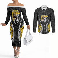 Wellington 2026 Rugby Custom Couples Matching Off The Shoulder Long Sleeve Dress and Long Sleeve Button Shirt NZ Maori Silver Fern LT14 Black - Polynesian Pride