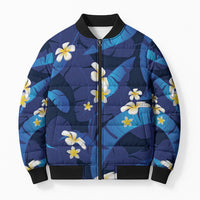 Teal Purple Banana Leaf Hawaii Bomber Puffer Jacket Lau Maia Plumeria Tropical Summer Vibes
