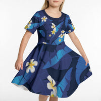 Teal Purple Banana Leaf Hawaii Kid Short Sleeve Dress Lau Maia Plumeria Tropical Summer Vibes
