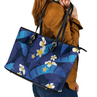 Teal Purple Banana Leaf Hawaii Leather Tote Bag Lau Maia Plumeria Tropical Summer Vibes