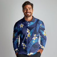 Teal Purple Banana Leaf Hawaii Long Sleeve Polo Shirt Lau Maia Plumeria Tropical Summer Vibes