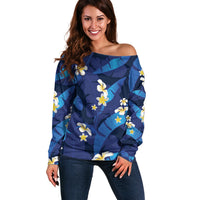 Teal Purple Banana Leaf Hawaii Off Shoulder Sweater Lau Maia Plumeria Tropical Summer Vibes