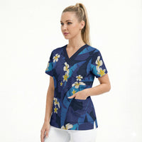 Teal Purple Banana Leaf Hawaii Scrub Top Lau Maia Plumeria Tropical Summer Vibes
