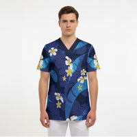 Teal Purple Banana Leaf Hawaii Scrub Top Lau Maia Plumeria Tropical Summer Vibes