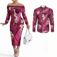Pink Banana Leaf Hawaii Couples Matching Off The Shoulder Long Sleeve Dress and Long Sleeve Button Shirt Lau Maia Plumeria Tropical Summer Vibes