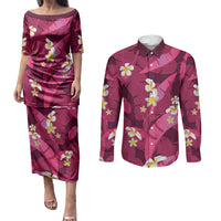 Pink Banana Leaf Hawaii Couples Matching Puletasi and Long Sleeve Button Shirt Lau Maia Plumeria Tropical Summer Vibes