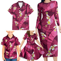 Pink Banana Leaf Hawaii Family Matching Long Sleeve Bodycon Dress and Hawaiian Shirt Lau Maia Plumeria Tropical Summer Vibes