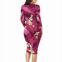 Pink Banana Leaf Hawaii Long Sleeve Bodycon Dress Lau Maia Plumeria Tropical Summer Vibes
