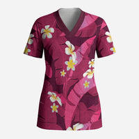 Pink Banana Leaf Hawaii Scrub Top Lau Maia Plumeria Tropical Summer Vibes