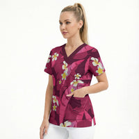 Pink Banana Leaf Hawaii Scrub Top Lau Maia Plumeria Tropical Summer Vibes