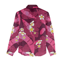Pink Banana Leaf Hawaii Women Casual Shirt Lau Maia Plumeria Tropical Summer Vibes