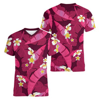 Pink Banana Leaf Hawaii Women V-Neck T-Shirt Lau Maia Plumeria Tropical Summer Vibes