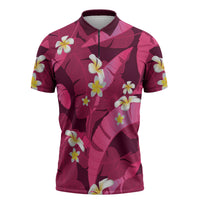Pink Banana Leaf Hawaii Zipper Polo Shirt Lau Maia Plumeria Tropical Summer Vibes