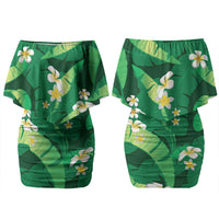 Green Banana Leaf Hawaii Couples Matching Off Shoulder Short Dress and Long Sleeve Button Shirt Lau Maia Plumeria Tropical Summer Vibes