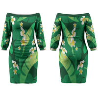 Green Banana Leaf Hawaii Couples Matching Off The Shoulder Long Sleeve Dress and Hawaiian Shirt Lau Maia Plumeria Tropical Summer Vibes