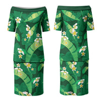Green Banana Leaf Hawaii Couples Matching Puletasi and Long Sleeve Button Shirt Lau Maia Plumeria Tropical Summer Vibes