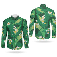 Green Banana Leaf Hawaii Couples Matching Short Sleeve Bodycon Dress and Long Sleeve Button Shirt Lau Maia Plumeria Tropical Summer Vibes