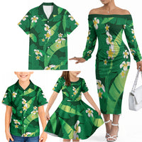 Green Banana Leaf Hawaii Family Matching Off The Shoulder Long Sleeve Dress and Hawaiian Shirt Lau Maia Plumeria Tropical Summer Vibes