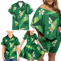 Green Banana Leaf Hawaii Family Matching Off Shoulder Short Dress and Hawaiian Shirt Lau Maia Plumeria Tropical Summer Vibes