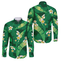 Green Banana Leaf Hawaii Family Matching Off Shoulder Short Dress and Hawaiian Shirt Lau Maia Plumeria Tropical Summer Vibes