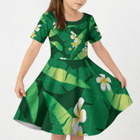 Green Banana Leaf Hawaii Kid Short Sleeve Dress Lau Maia Plumeria Tropical Summer Vibes