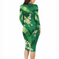 Green Banana Leaf Hawaii Long Sleeve Bodycon Dress Lau Maia Plumeria Tropical Summer Vibes