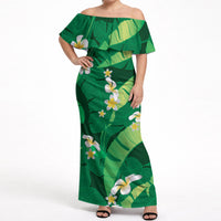 Green Banana Leaf Hawaii Off Shoulder Maxi Dress Lau Maia Plumeria Tropical Summer Vibes