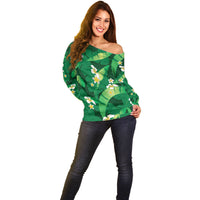 Green Banana Leaf Hawaii Off Shoulder Sweater Lau Maia Plumeria Tropical Summer Vibes