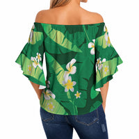 Green Banana Leaf Hawaii Off Shoulder Wrap Waist Top Lau Maia Plumeria Tropical Summer Vibes LT14 - Polynesian Pride