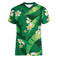 Green Banana Leaf Hawaii Women V-Neck T-Shirt Lau Maia Plumeria Tropical Summer Vibes