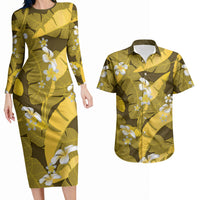 Yellow Banana Leaf Hawaii Couples Matching Long Sleeve Bodycon Dress and Hawaiian Shirt Lau Maia Plumeria Tropical Summer Vibes