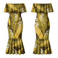 Yellow Banana Leaf Hawaii Couples Matching Mermaid Dress and Hawaiian Shirt Lau Maia Plumeria Tropical Summer Vibes