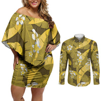 Yellow Banana Leaf Hawaii Couples Matching Off Shoulder Short Dress and Long Sleeve Button Shirt Lau Maia Plumeria Tropical Summer Vibes