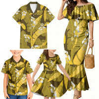 Yellow Banana Leaf Hawaii Family Matching Mermaid Dress and Hawaiian Shirt Lau Maia Plumeria Tropical Summer Vibes