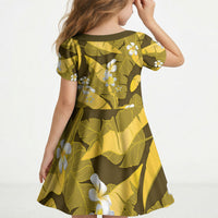 Yellow Banana Leaf Hawaii Kid Short Sleeve Dress Lau Maia Plumeria Tropical Summer Vibes