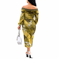 Yellow Banana Leaf Hawaii Off The Shoulder Long Sleeve Dress Lau Maia Plumeria Tropical Summer Vibes